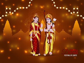 Fototapeta premium Happy diwali indian festival of light celebration card with lord lakshaman and goddess sita illustration