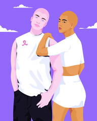 Two people supporting cancer awareness with pink ribbon