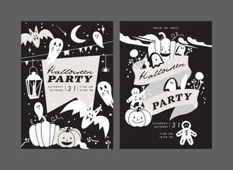 Vector illustration halloween party posters or invitation. Fall celebration leaflet. Horror Helloween placards.