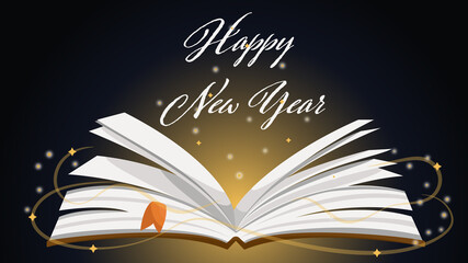 Christmas background with an open book, starting from a blank page, open book with glowing lights