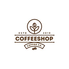 classic coffee bean and leaf branch natural line stamp logo vector icon design in vintage hipster modern beautiful style, premium coffee shop bar icon