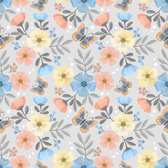 Beautiful flowers and butterfly seamless pattern.