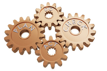 Different gears, interlocked with each other in circular cycle with metal inscriptions PLAN, DO, CHECK, ACT, 3D illustration. Concept: Team business built on principles of planning, control, action.