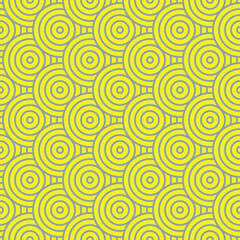 Geometric cute waves from circles with outline in trending colors of 2021, yellow and gray. Seamless patterns for trendy fabrics, decorative pillows, wrapping paper. Vector.