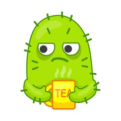 Sleepy green cactus character drinling tea. Tired Mexican plant with spikes having tea time. Cartoon vector sticker. Morning, breakfast concept
