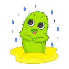 Cute green little cactus delighted with rain cartoon character sticker. Happy plant in desert and drops of rain. Vector illustration. Nature, weather concept