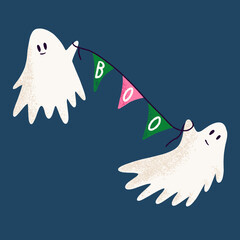 Ghosts holding flags banner. Halloween hand drawn cartoon vector illustration on blue background. T-shirt design idea