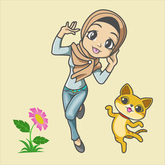 Cute Cat and Hijab Girl Dancing together