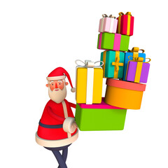 Santa Claus Giving big mountain gifts, Merry Christmas and New year banner  Trendy 3d illustration on white background.