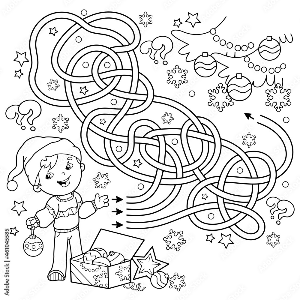 Wall mural maze or labyrinth game. puzzle. tangled road. coloring page outline of cartoon boy decorating the ch