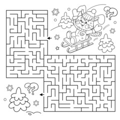 Maze or Labyrinth Game. Puzzle. Coloring Page Outline Of Cartoon happy Bunny sledding. Winter activity. Coloring book for kids.