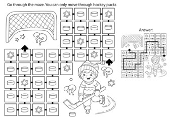 Maze or Labyrinth Game. Puzzle. Coloring Page Outline Of cartoon boy playing hockey. Winter sports. Coloring book for kids.