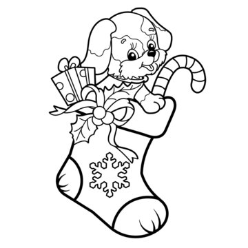 Coloring Page Outline Of Christmas boot or sock with gifts and sweets and with little dog. Christmas. New year. Coloring Book for kids.