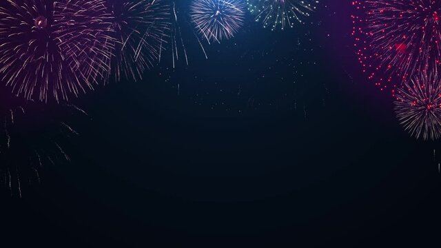 4K Abstract Loop seamless of real Fireworks Show Explosion Background. Real Shining Fireworks Bokeh Lights in Night Sky. New year's Celebration. Happy Birthday, Wedding, Confetti, Diwali, Christmas