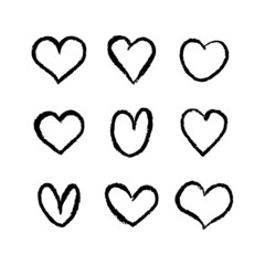Hand drawn hearts. Set of heart grungy heart illustrations. Valentine's day love symbol design. Sketchy shape.