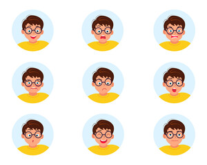 Set of children's emotions. Facial expression. Boy, teenager. Avatar. Vector flat design illustration