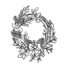 Vector illustration of a Christmas wreath. Hand drawing. Contour wreath isolated on white background.