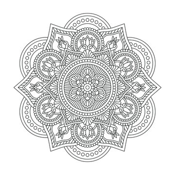 Isolated black mandala in vector. Round flower line unpainted pattern. Vintage monochrome element for coloring pages, color by number game and design