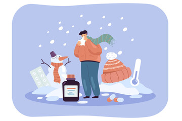 Sick cartoon man in winter clothes sneezing into tissue. Male character with cold outdoors, low temperature, drugs flat vector illustration. Pharmacy, health, treatment concept for banner