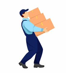 Mover carries heavy boxes in his hands. Relocation. Transport company. Moving service. Service delivery. Cartoon vector illustration in flat style.