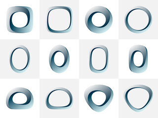 Impossible circle shapes. Collection of optical illusions Mobius circle, oval, square, rectangle and other objects. Endless gradient transitions of shapes. Abstract rounded geometric illusions.