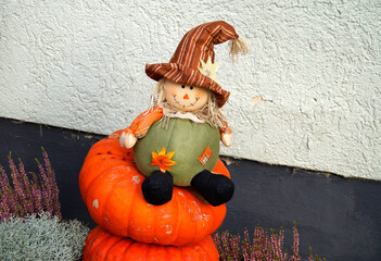 cute halloween scarecrow sitting on a large orange pumpkin
