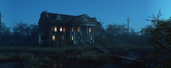 Ominously dilapidated and abandoned mansion with illuminated interior lighting at dusk. 3D rendering. - obrazy, fototapety, plakaty