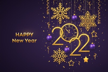 Fototapeta na wymiar Happy New 2022 Year. Gold metallic numbers 2022 and watch with Roman numeral and countdown midnight, eve for New Year. Hanging golden stars, snowflakes, balls on purple background. Vector illustration