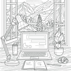 Workplace by the window overlooking the mountains. Laptop with lamp and book.Coloring book antistress for children and adults. Illustration isolated on white background.Zen-tangle style. Hand draw