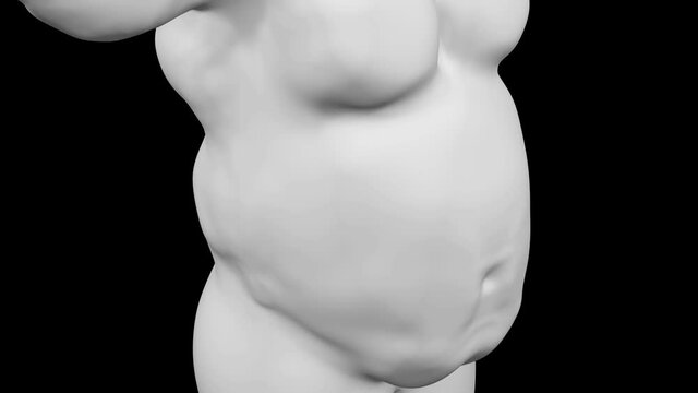 White male belly gain and lose weight on black background. Loopable. Luma matte. 3d rendering.
