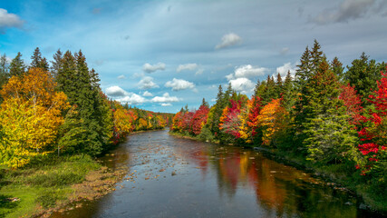 Fall Colors in Cape Breton -The trees and their foliage are in full autumn colors in rural Cape Breton and cast a nice reflection onto the watery surface of a rive.