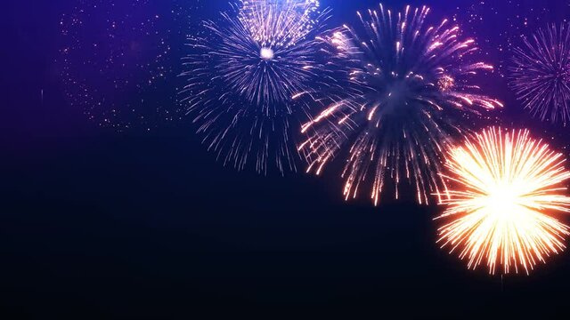 4K Loop shining fireworks with bokeh lights in the night sky 4k animation Background. Glowing fireworks show. New year's eve fireworks celebration. New year's eve fireworks celebration. Diwali. 2022