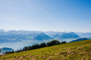 Rigi, Rigi Kulm, Vierwaldstättersee, Aussicht, Stanserhorn, Buochserhorn, Berner Alpen, Eiger, Mönch, Jungfrau, Berner Oberland, Wanderweg, Sommer, Schweiz