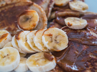 Close up of pancakes with caramel and banana fudge