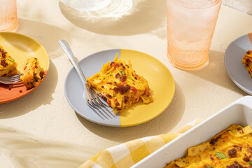 Breakfast casserole made with eggs, tortillas, cheese, and chorizo. Simple and delicious brunch food.