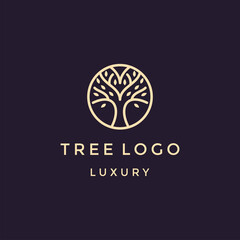 Circle tree logo icon template design. Round garden plant natural line symbol. 