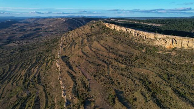 Aerial view of the landscape in the port of Villarroya near the town of Villaroya de los Pinares in the Comarca del Maestrazgo. Teruel province. Autonomous Community of Aragon, Spain, Europe