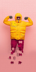 Full-length creative collage of man standing in ski suit isolated over pink background. Portrait...