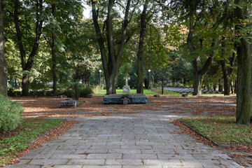 Gliwice, Poland - September 24, 2021. Soldiers of the Soviet Army Cemetery and memorial site in Gliwice. Selective focus