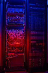 Shot image of network cables and switch in mining center