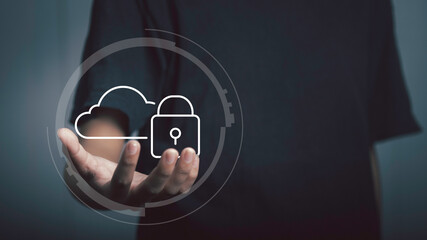 Cloud security technology protection concept. Hand hold Cloud with Padlock icon,  Upload backup data on the cloud keep for privacy database.