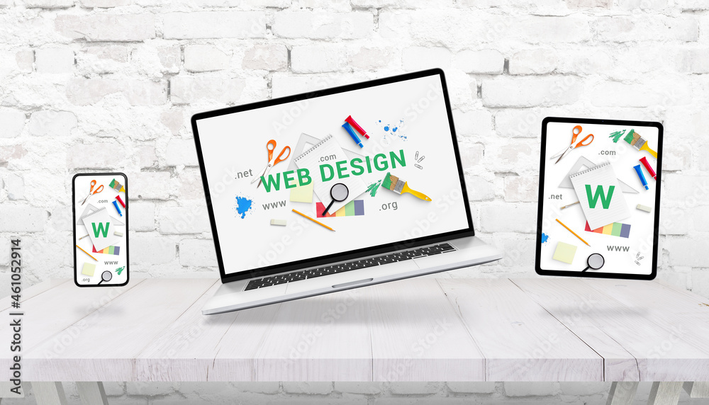 Poster responsive web design composition with levitating laptop, tablet and phone above the desk