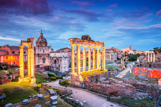 Rome, Italy. Ancient Roman Forum at sunset.