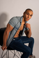 The muscular egyptian male on white background. Sexy naked torso. Sport workout bodybuilding concep. Muscular torso and chest. Isolated on white background.