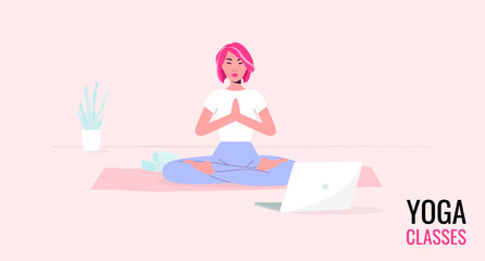 Yoga woman. Asian yoga girl practicing yoga at home or studio, online education, eps 10