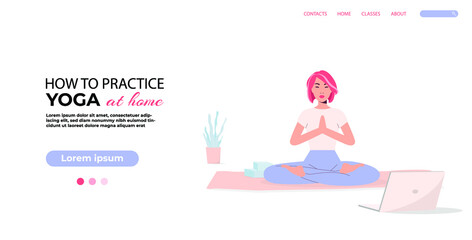 Vector banner. Online classes. Asian yoga girl isolated on the white background. 