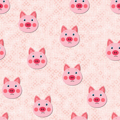 Vector flat animals colorful illustration for kids. Seamless pattern with cute pig face on color polka dots background. Adorable cartoon character. Design for textures, card, poster, fabric, textile.