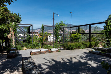 Medellin, Antioquia, Colombia. September 26, 2021: Prado neighborhood landscape with blue sky.