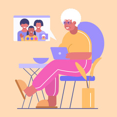 Happy grandma with laptop has communication with her family by video call. Granny has online chat with and grandchild
