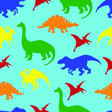 seamless pattern of multicolored dinosaurs on a blue background